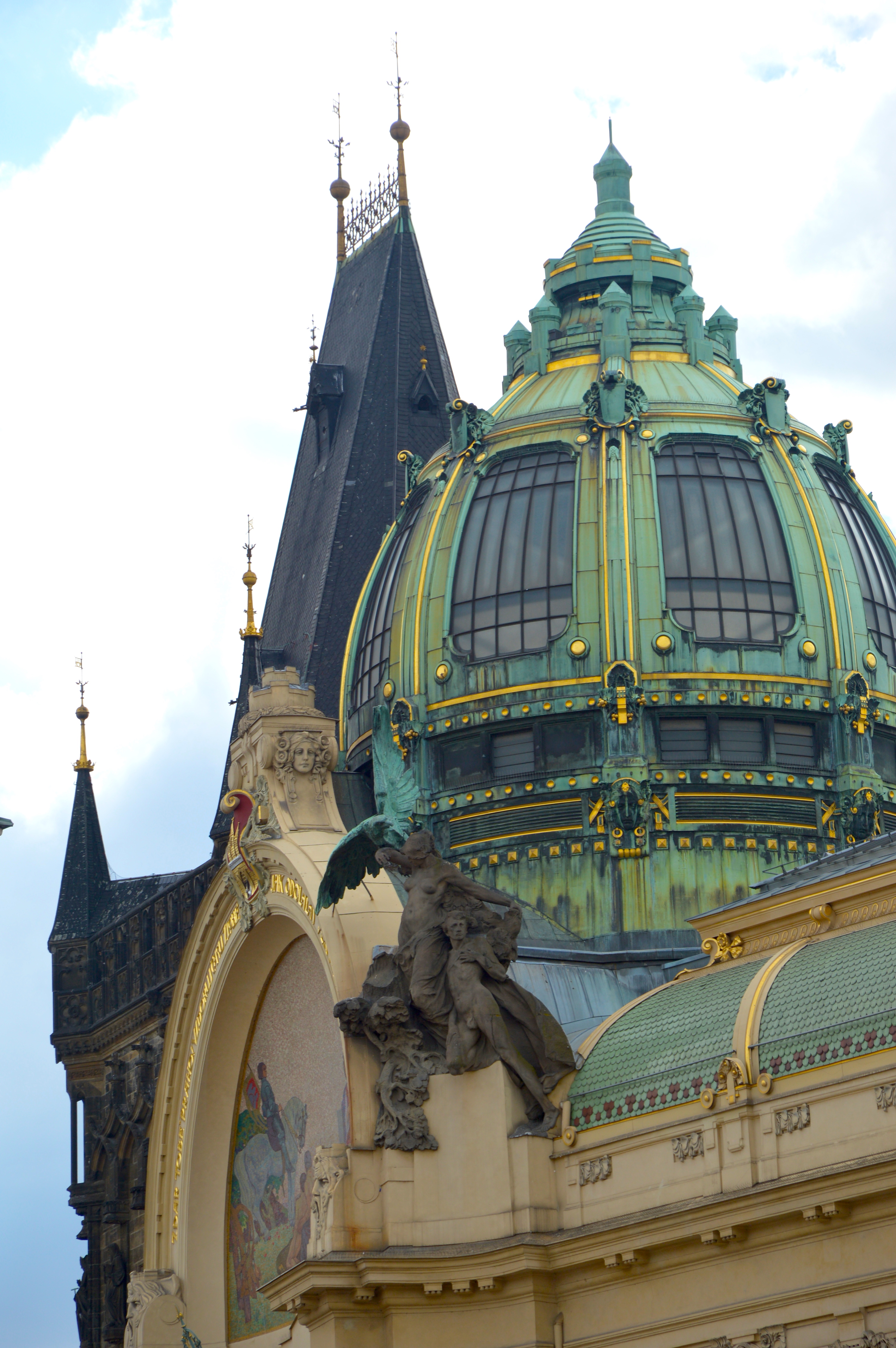 The top of Municipal House and Powder Tower, Prague