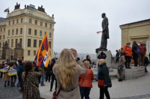 TGM statue with Tibetan flag in front of Prague Castle, to greet Dalai Lama in Prague and support free Tibet