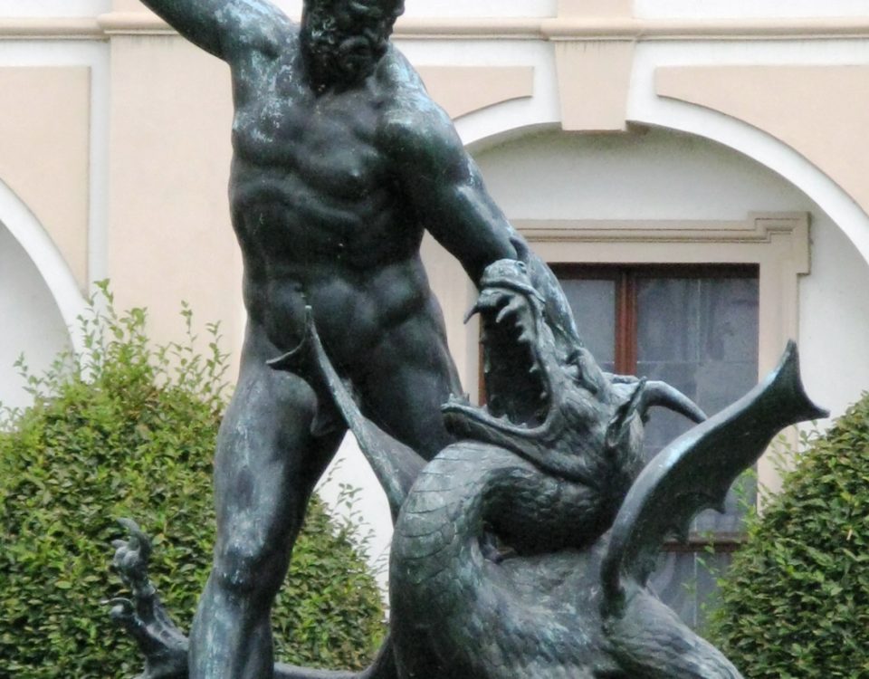 Statue of Hercules and other statues by Adrian de Vries